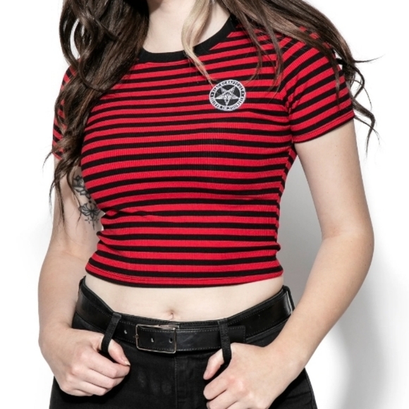 "Believe in Yourself" Red/Black Striped Crop Top - Picture 2 of 3